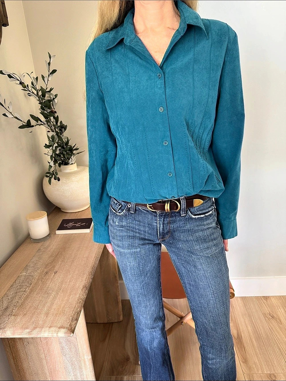 Talbots Faux Suede Teal Structured Button Down Shirt Western Boho Vintage